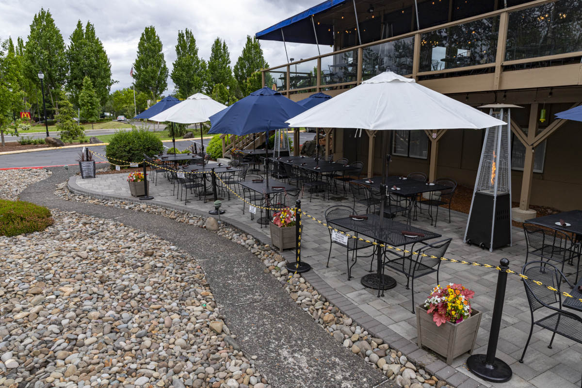 Exterior seating area with parasols